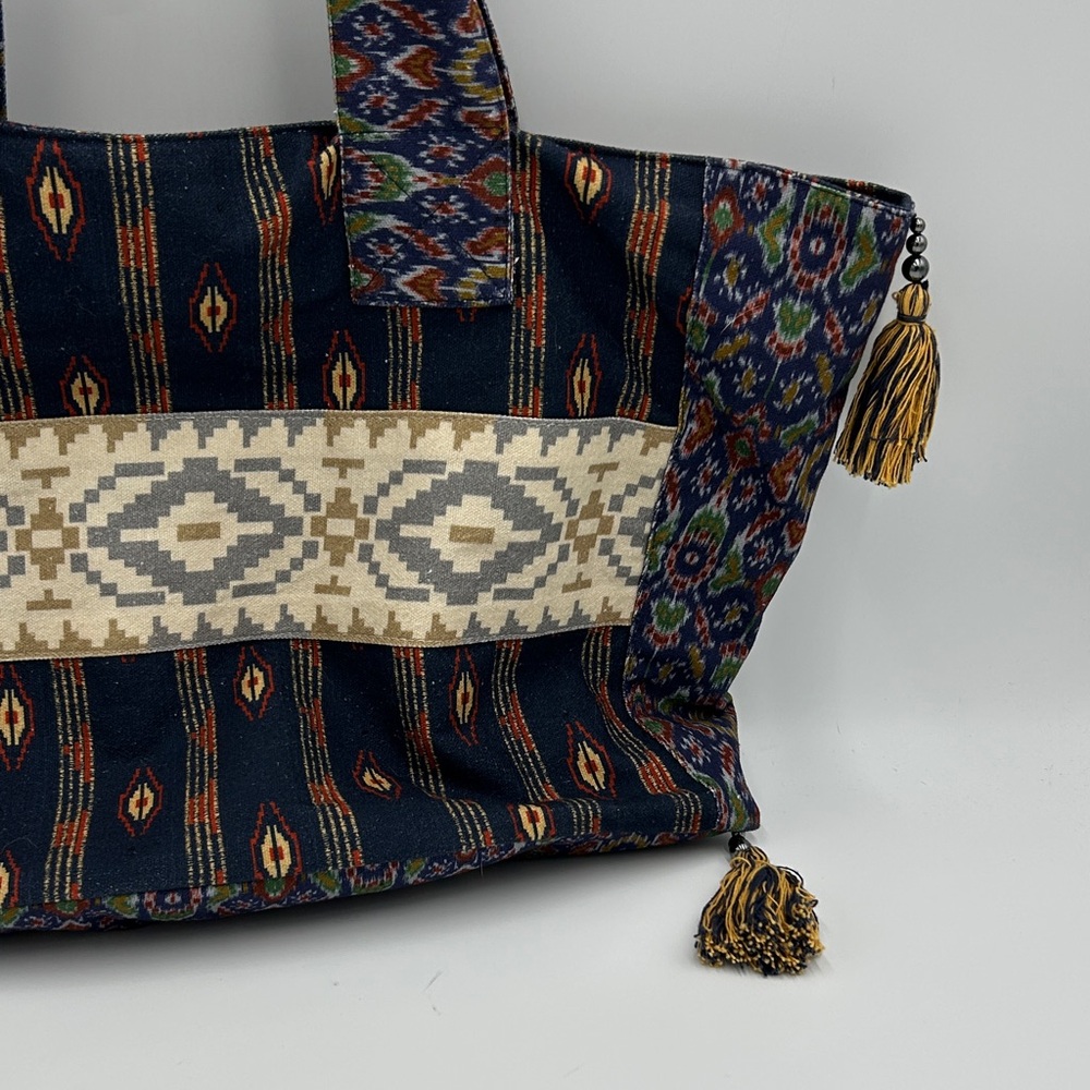 Free People Basel Tassel Tote Bag Boho Chic Tote Bag Navy Blue Canvas Hippie - Picture 8 of 14